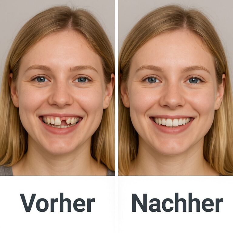 Patientin mit Zahnimplantat - Vorher Nachher
